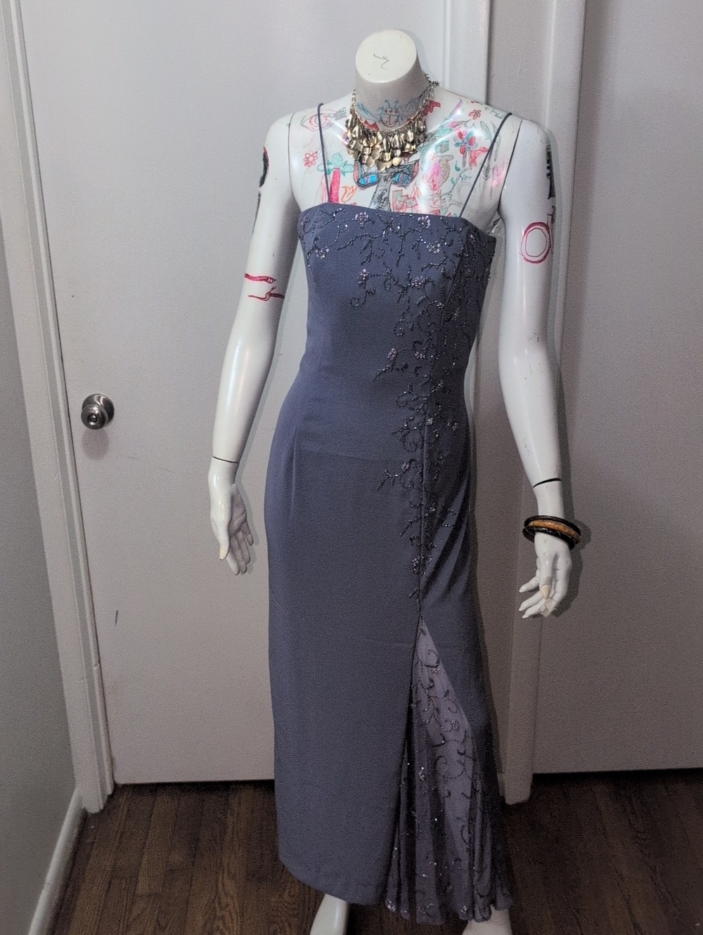 Avanti Strapless Slate Blue Evening Gown with Beaded Embroidery